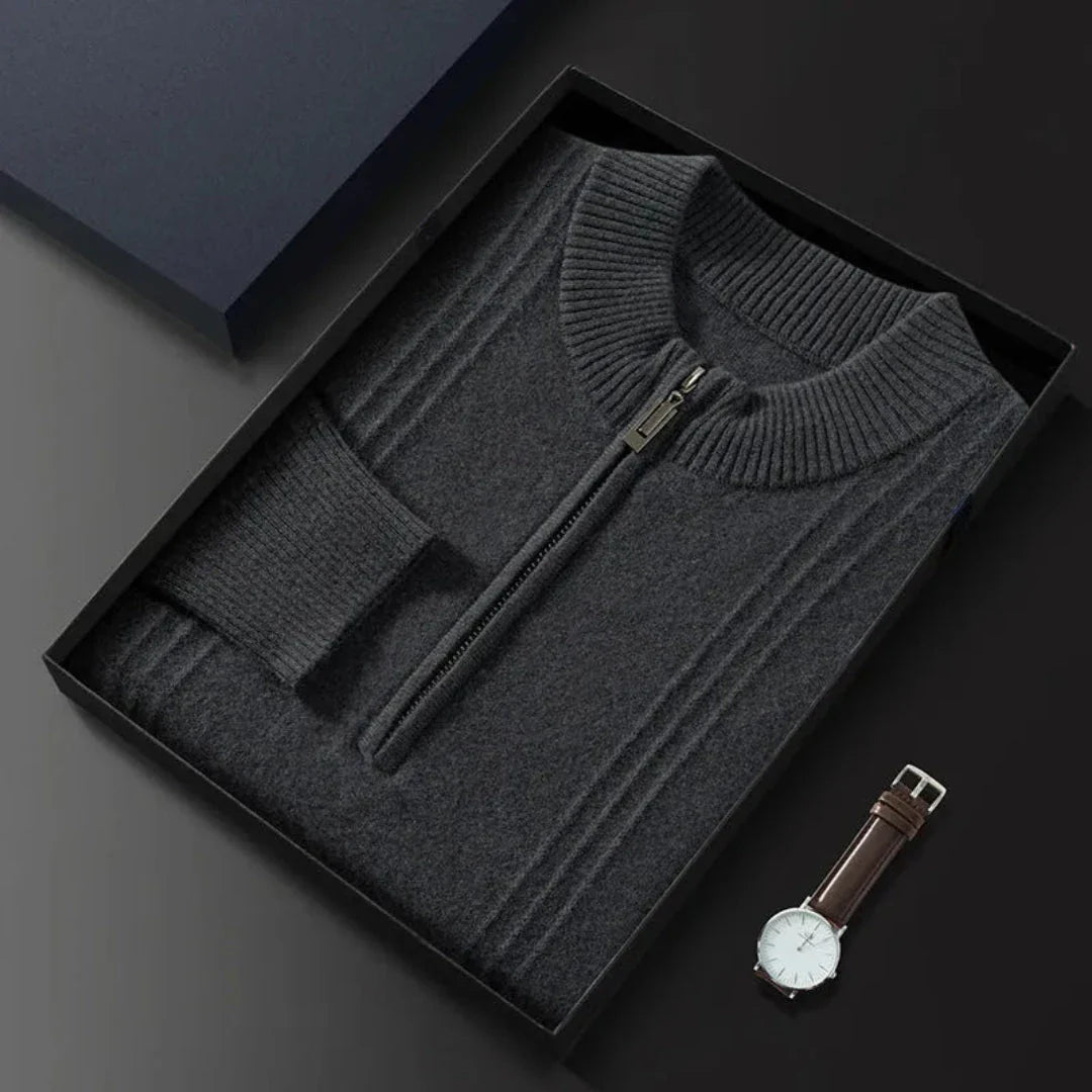 Calvin Classic navy half-zip wool sweater with ribbed collar, cuffs and hem for timeless layering