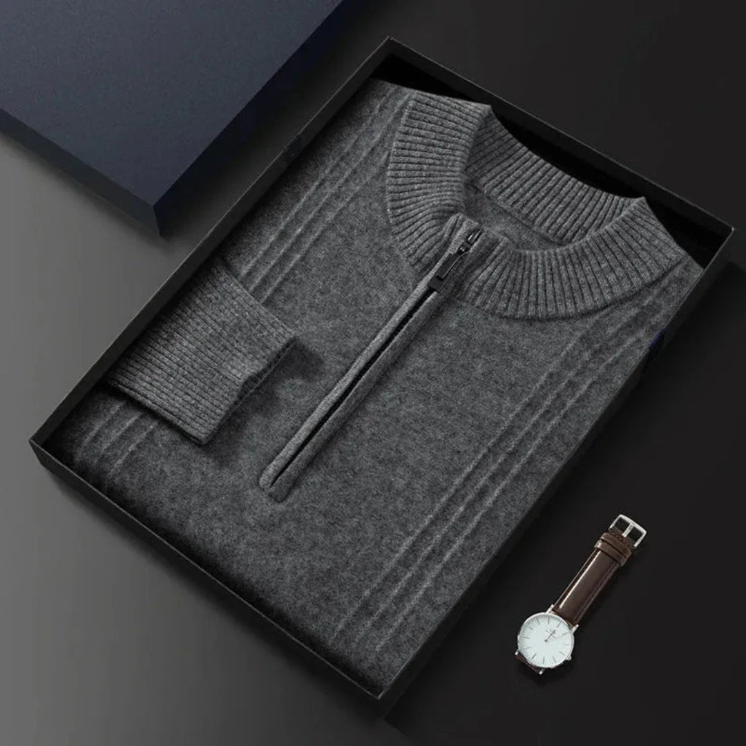 Calvin Classic beige half-zip wool blend sweater with ribbed collar, cuffs, and hem for timeless style