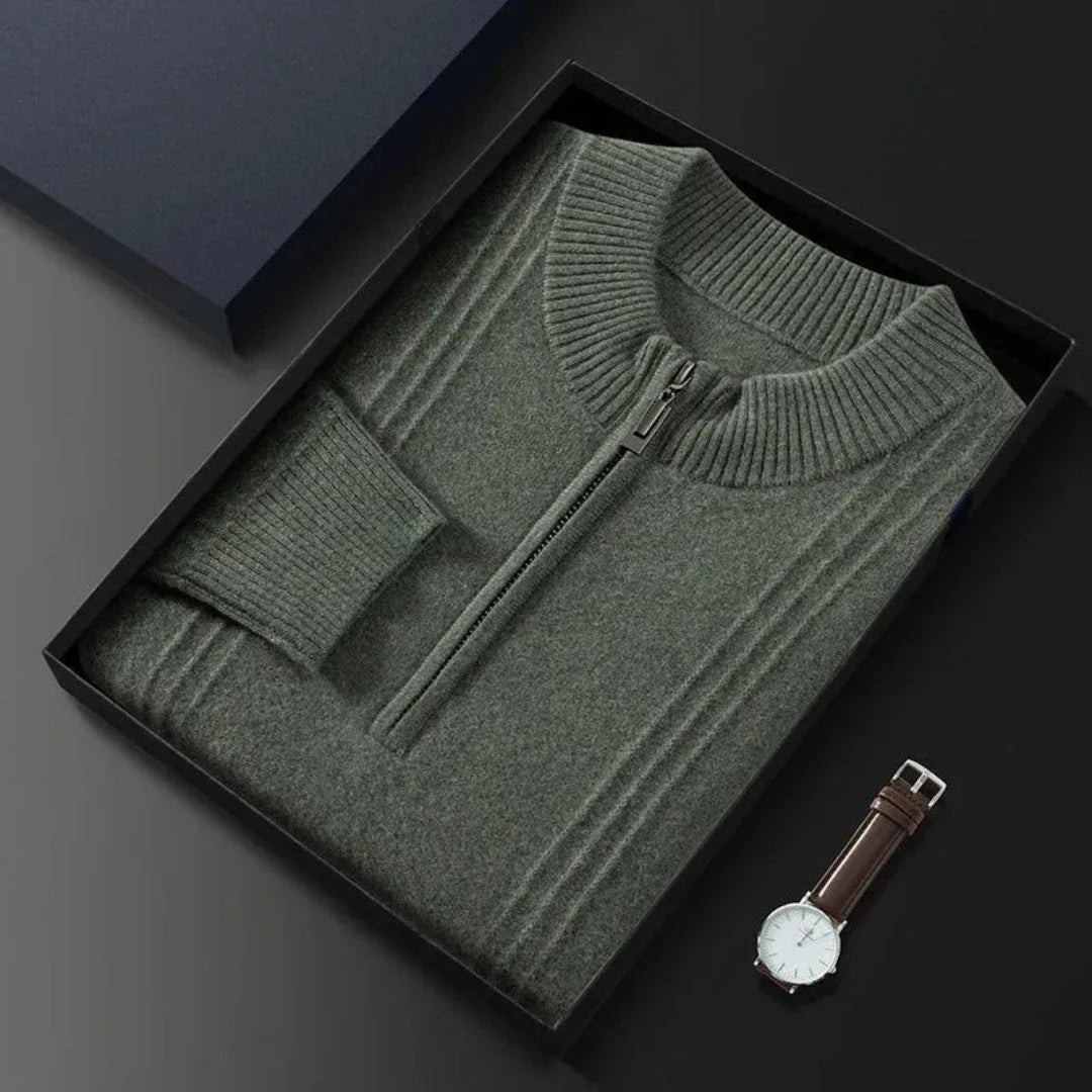 Calvin Classic navy half-zip wool sweater with ribbed collar, cuffs, and hem for a timeless fit