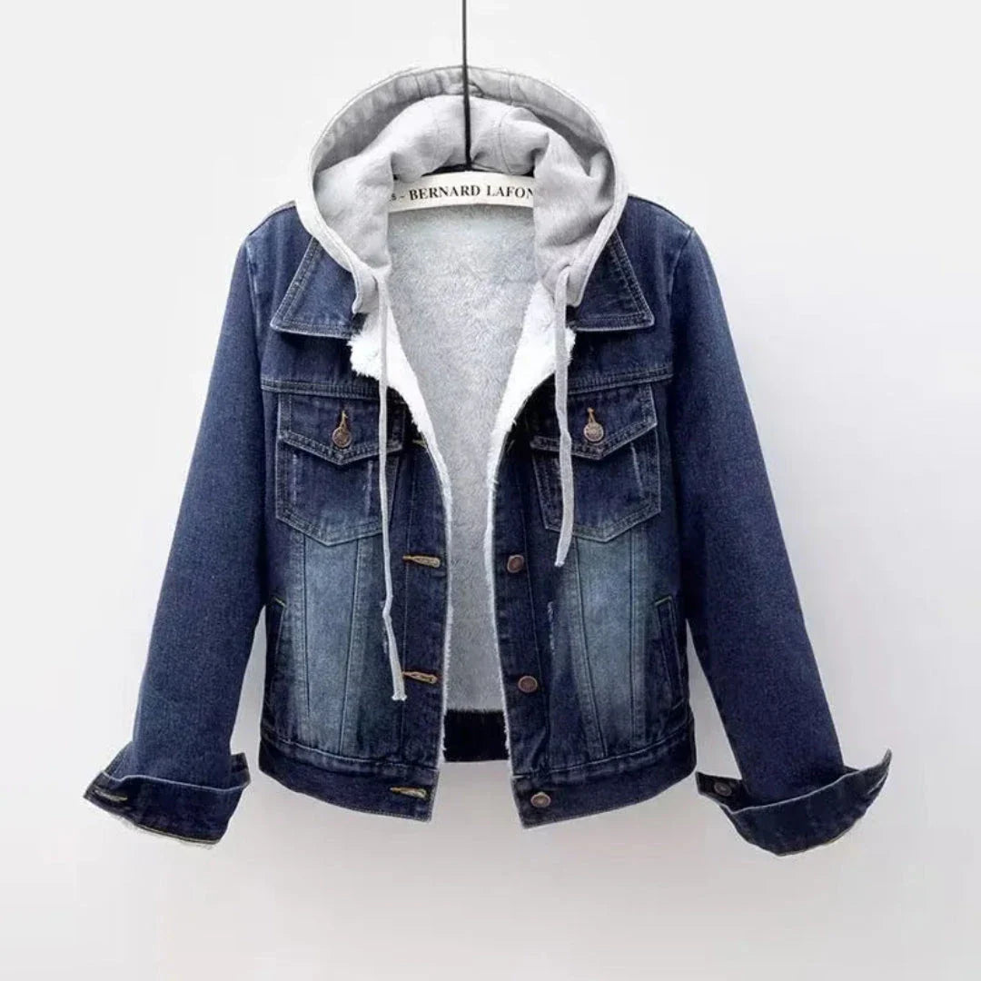 Blue sherpa-lined denim hoodie jacket with detachable fleece hood, urban cold-weather style