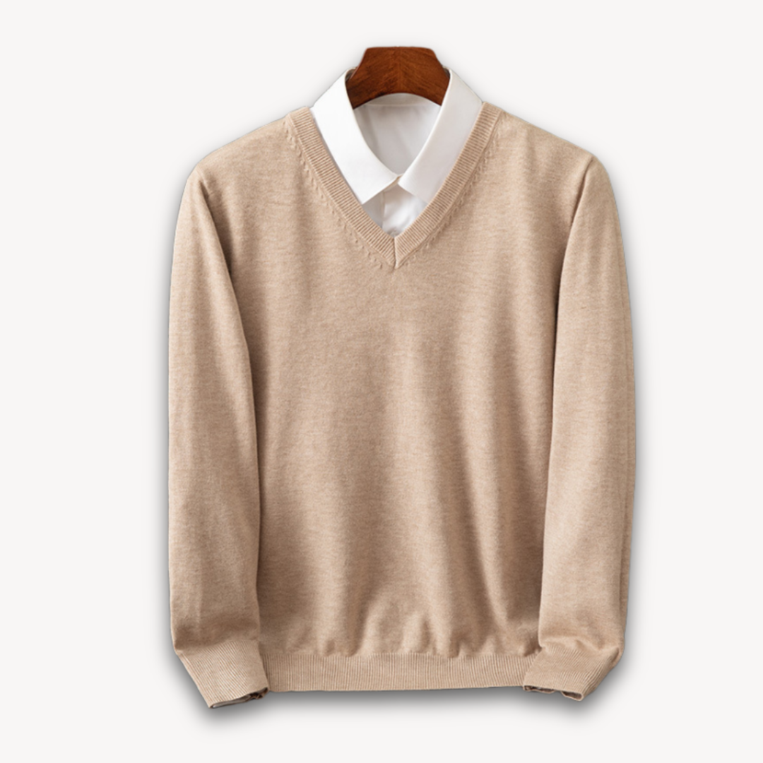 Men's navy slim fit V-neck sweater in soft knit with ribbed edges for versatile layering