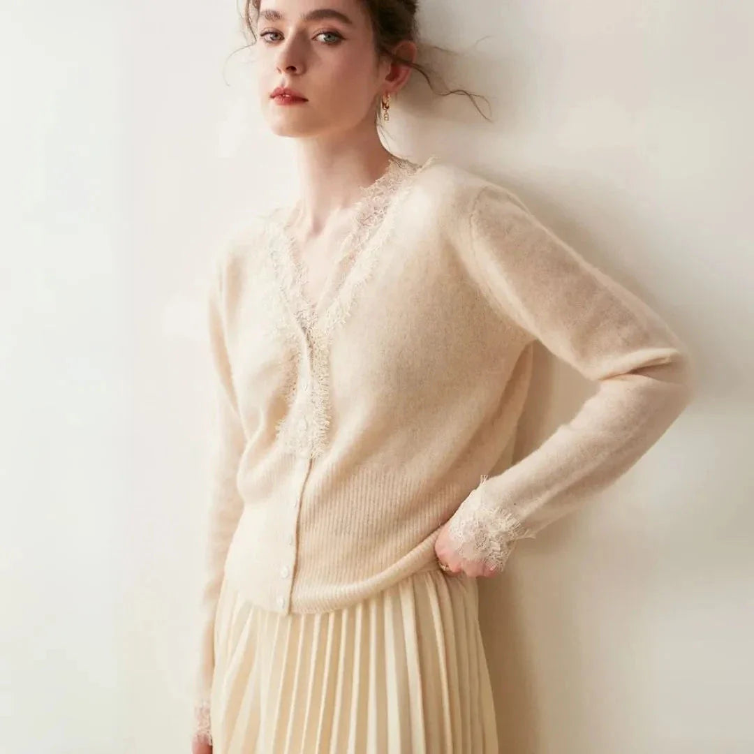 Women's ivory cashmere cardigan with lace trim, V-neck, and single-breasted button front closure