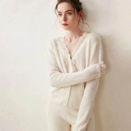Women's ivory cashmere cardigan with lace trim, V-neck, and single-breasted button front closure