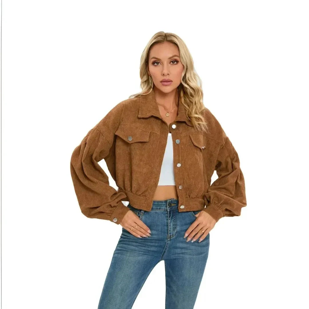 Cropped balloon sleeve corduroy jacket in neutral tone with textured finish and casual-chic silhouette