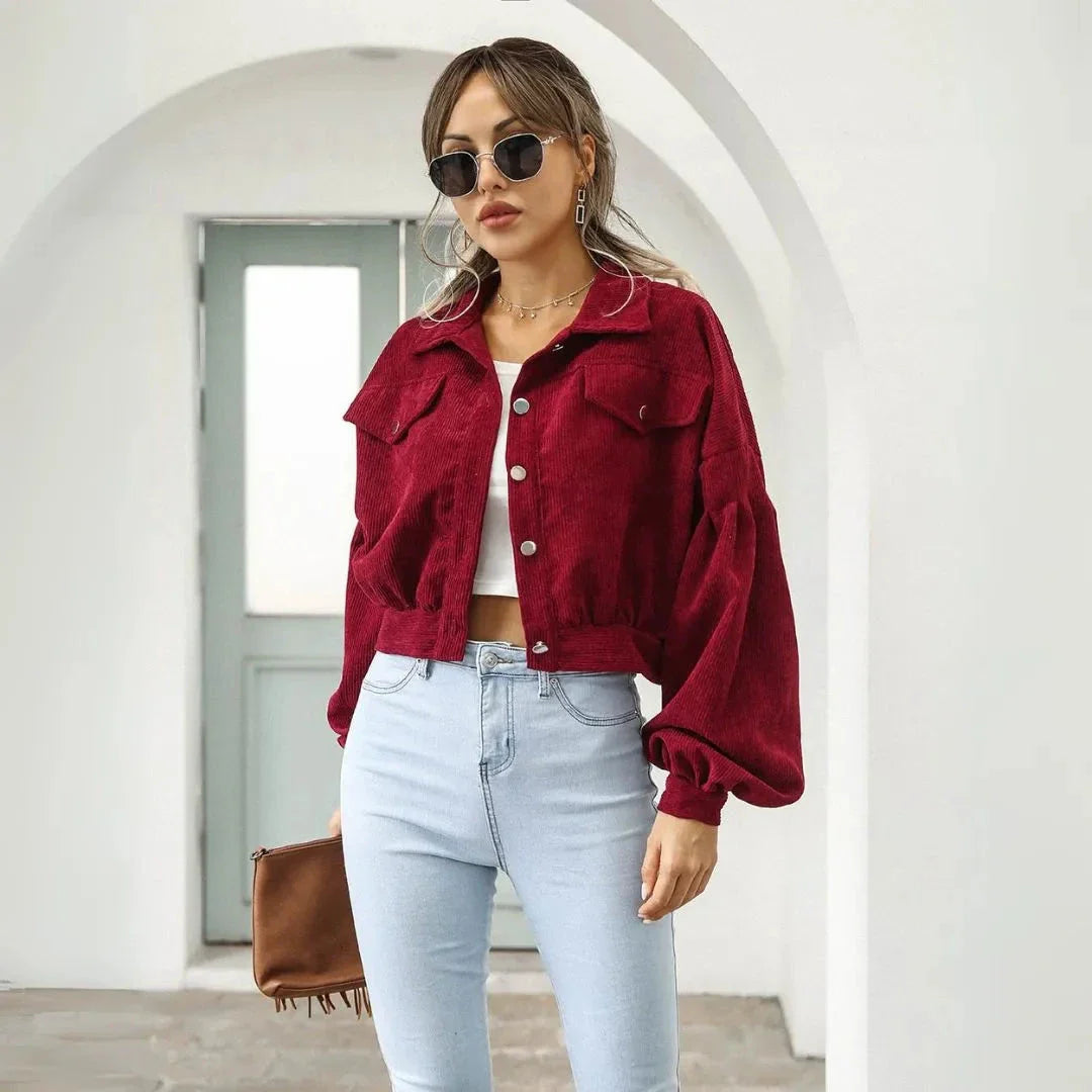 Cropped balloon sleeve corduroy jacket in neutral tone with textured ribbed finish and relaxed casual-chic fit