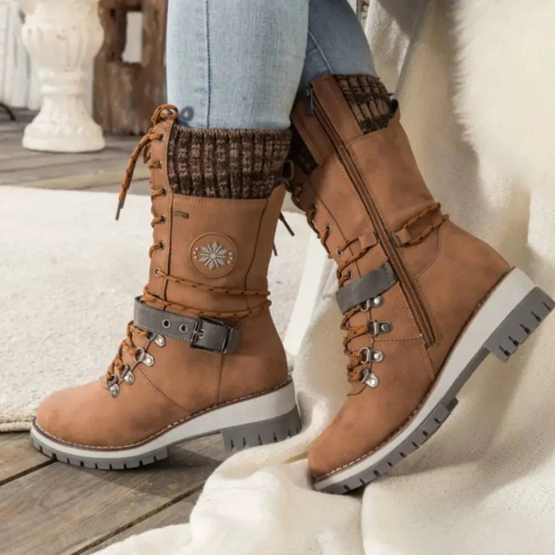Tracy lace-up snow boots with soft knit cuff, waterproof upper, side zipper, and anti-slip rubber sole