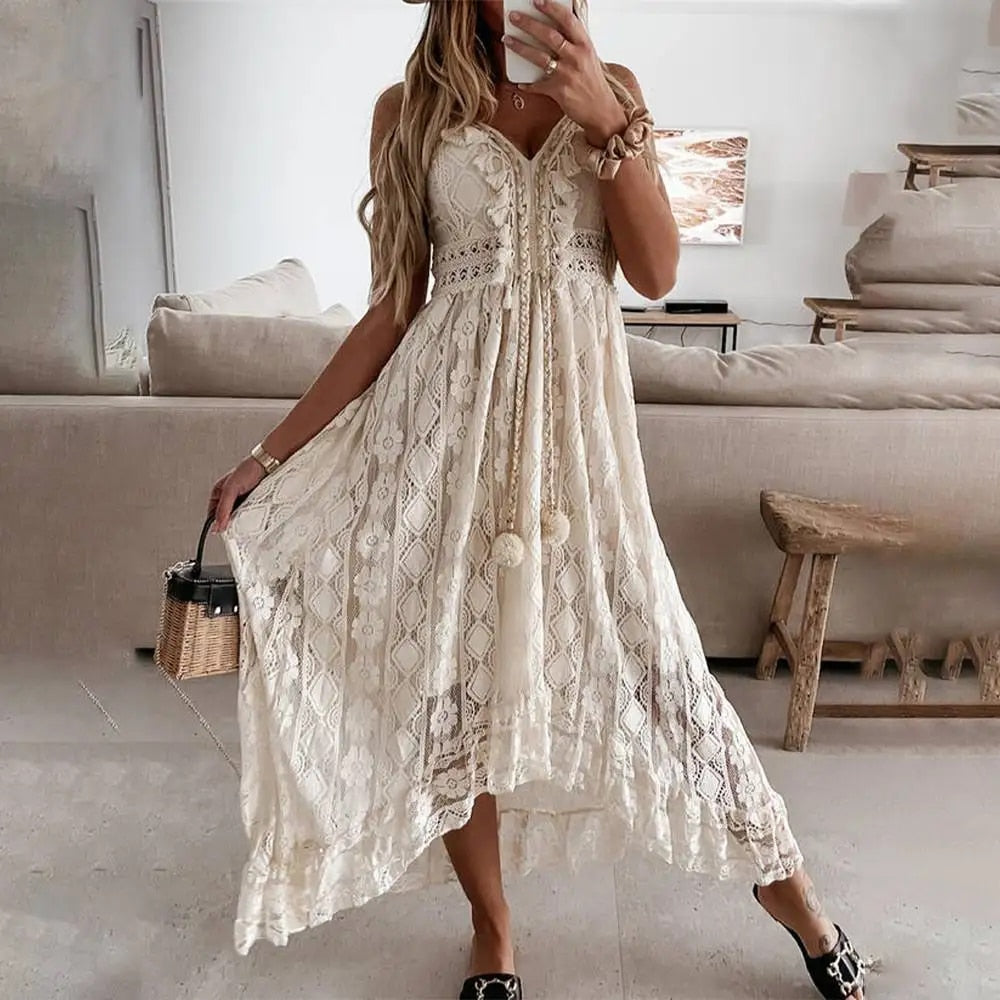Wavlynn women's bohemian maxi dress with lace detailing, airy flowing silhouette for summer parties