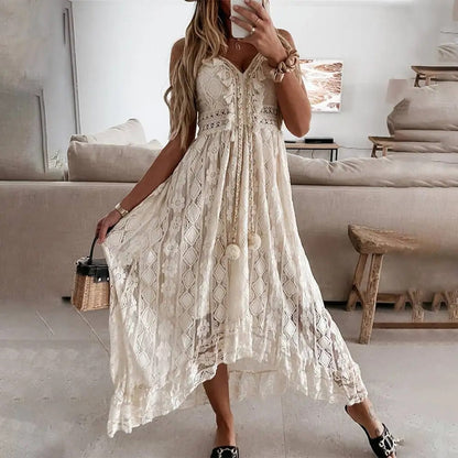 Wavlynn women's bohemian maxi dress with lace detailing, airy flowing silhouette for summer parties