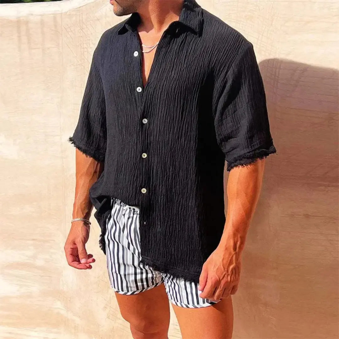 Men's white linen open-front casual shirt with distinctive ripped distressed detailing, summer essential