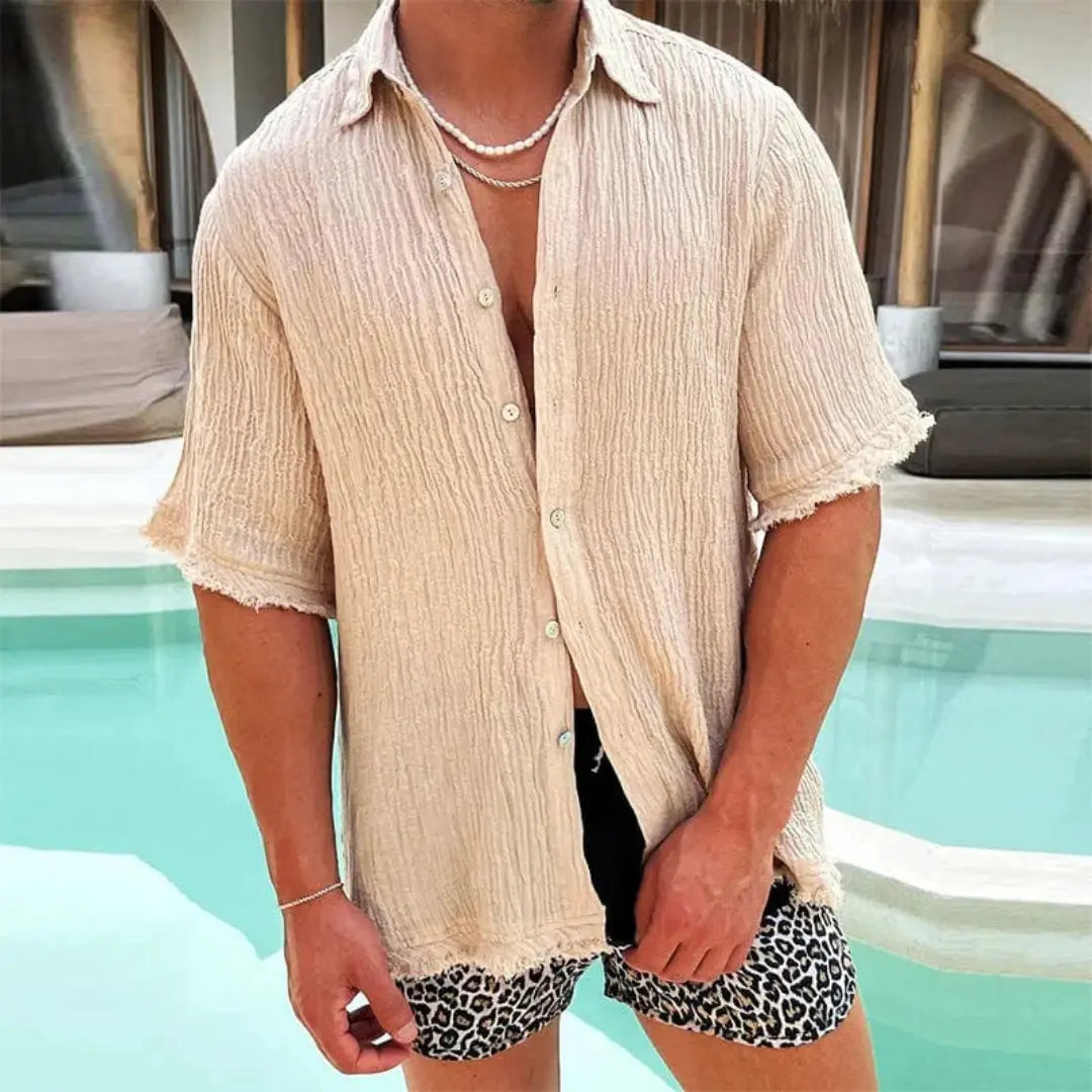 Beige linen-cotton open front shirt with edgy ripped detailing, casual summer style