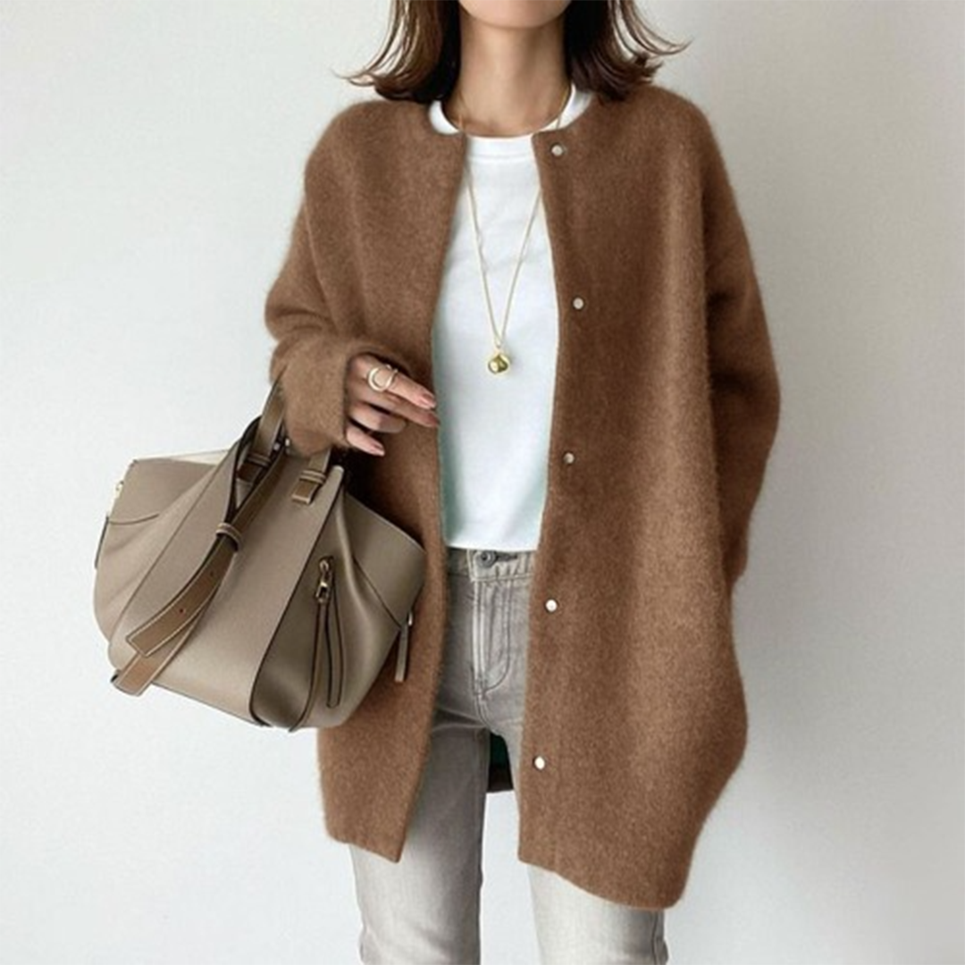 Riley refined layered cardigan neutral-toned relaxed-fit with structured dimensional chic layers