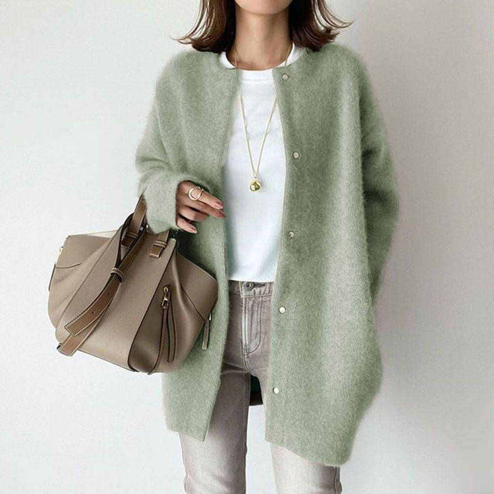 Madeline oversized fuzzy knit cardigan with snap-button closure, cozy thigh-length layering piece