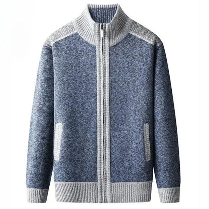 Men's gray textured knit zip-up cardigan with high ribbed collar and full-zip closure