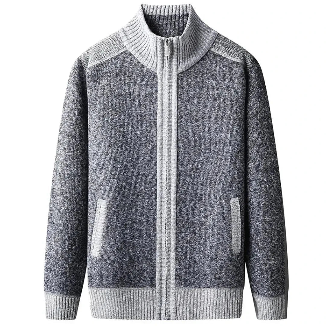 Men's textured knit zip-up cardigan with high ribbed collar and full-zip closure