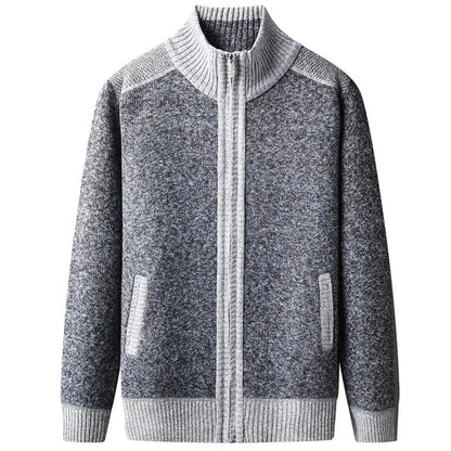 Men's textured knit zip-up cardigan with high ribbed collar and full-zip closure