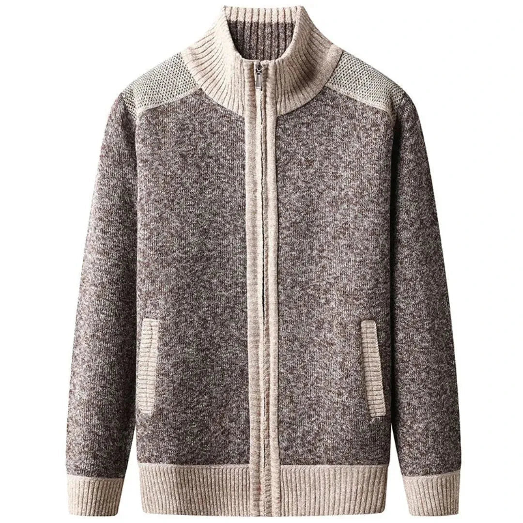 Men's gray textured knit zip-up cardigan with high ribbed collar and full-zip closure