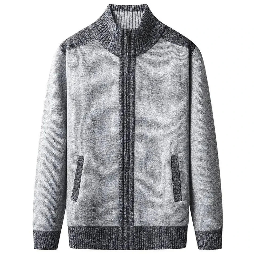 Men's gray textured knit zip-up cardigan with high ribbed collar and full-zip closure