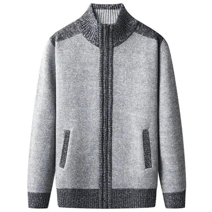 Men's gray textured knit zip-up cardigan with high ribbed collar and full-zip closure