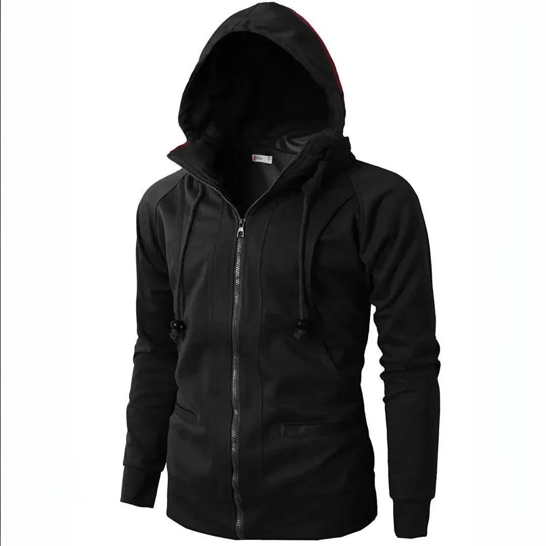Men's full-zip hoodie in neutral tone, sleek slim fit with adjustable drawstring hood and kangaroo pockets