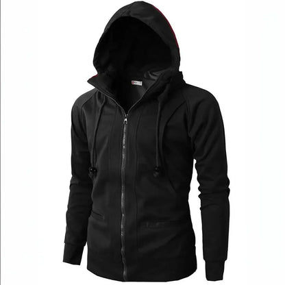 Men's full-zip hoodie in neutral tone, sleek slim fit with adjustable drawstring hood and kangaroo pockets