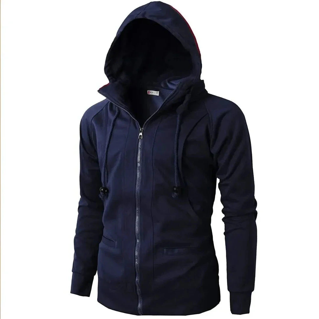 Men's full-zip hoodie in neutral tone, sleek slim fit with kangaroo pockets and adjustable drawstring hood