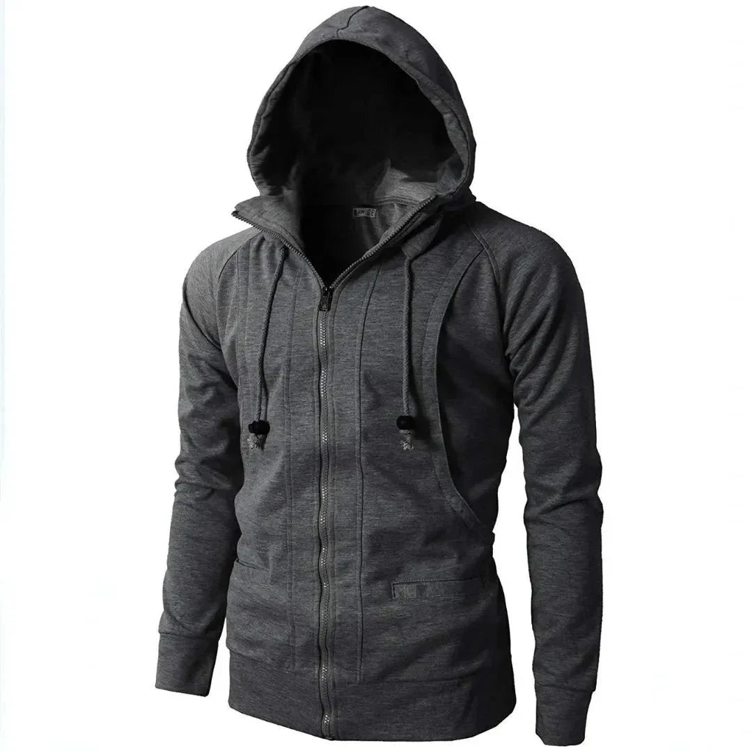 Carl full-zip hoodie in neutral tone, sleek fit with adjustable drawstring hood and kangaroo pockets