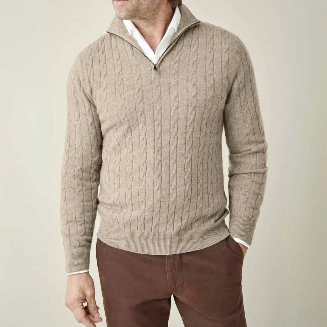 Cream cable knit quarter-zip sweater with textured pattern, slim fit and ribbed cuffs