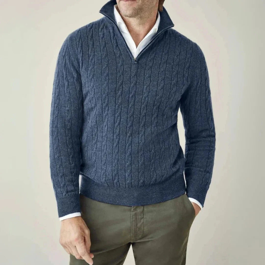 Carlo cable knit quarter zip sweater with classic textured cables, versatile layering piece for refined casual style