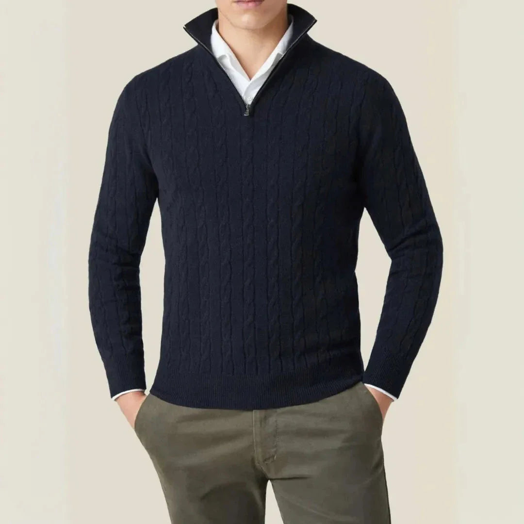Carlo cable knit quarter zip sweater in neutral tone with textured cables and slim versatile fit