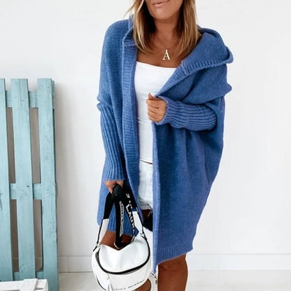 Women's oversized open-front hooded knit cardigan, soft warm chunky fall sweater in neutral tones