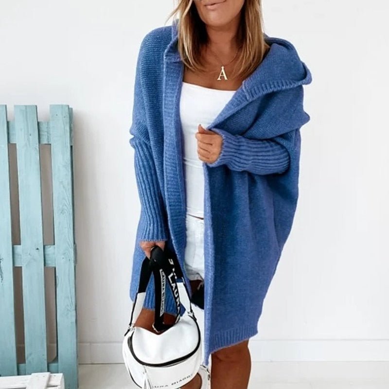 Soft cozy unisex hooded knit cardigan open-front design in neutral tone for timeless layering style