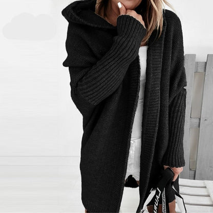 Women's oversized open-front hooded knit cardigan, soft warm neutral-tone cozy fall winter sweater