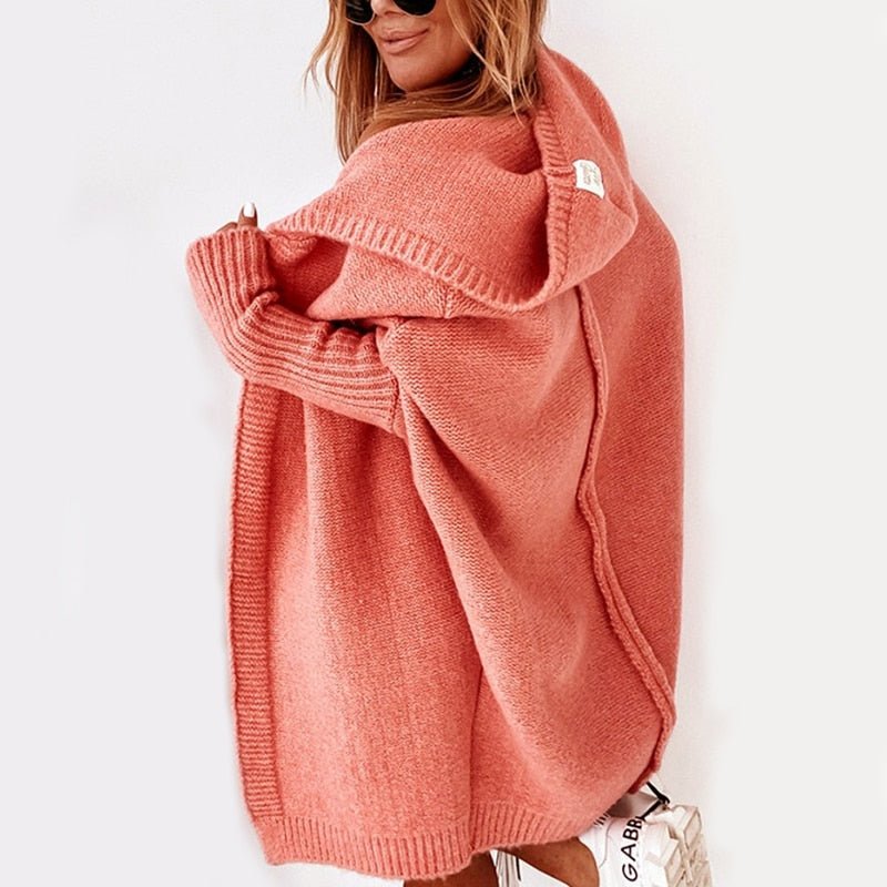 Women's oversized open-front hooded knit cardigan, soft cozy chunky knit for fall winter layering