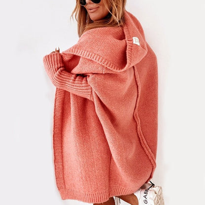 Women's oversized open-front hooded knit cardigan, soft cozy chunky knit for fall winter layering