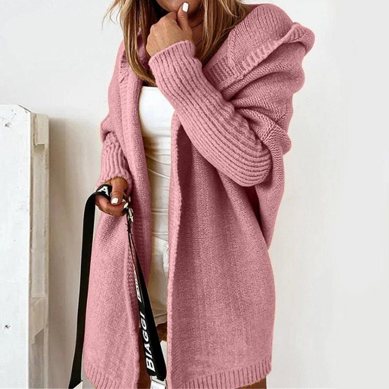 Cream chunky knit open-front hooded cardigan unisex cozy relaxed silhouette with hood