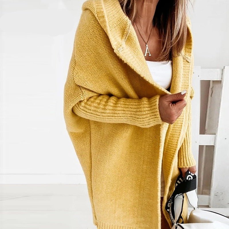 Beige chunky knit hoodie cardigan open-front unisex relaxed silhouette cozy plush texture