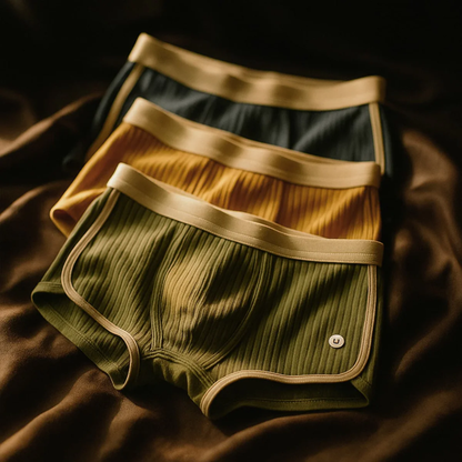 Men's organic rib-knit cotton boxer briefs in neutral tones with contoured pouch and stay-put waistband