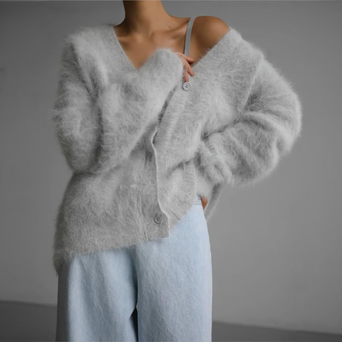 Women's fluffy knit cropped cardigan relaxed fit cloud-soft texture cozy layering essential
