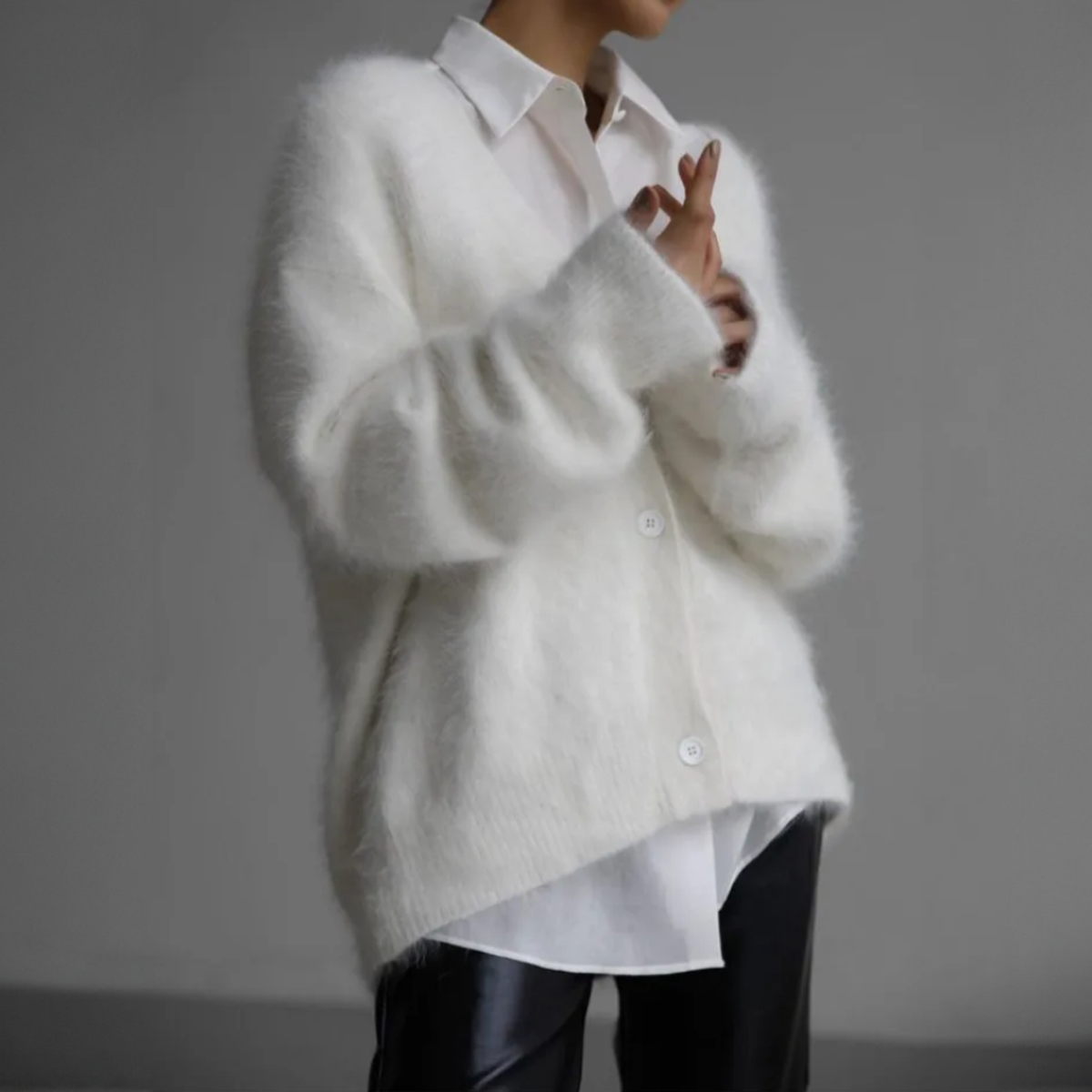 Women's fluffy knit cropped cardigan relaxed fit cloud-soft cozy layering style