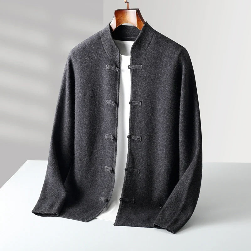 Ivory cashmere blend cardigan with mandarin collar and loop-button closure, regular fit