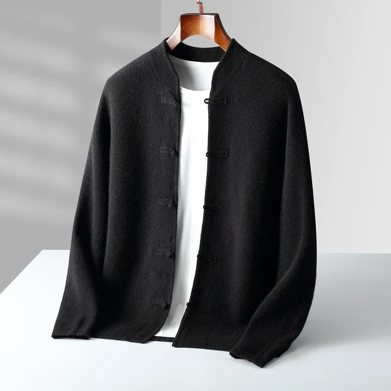 Ivory cashmere blend cardigan with mandarin collar and loop-button closure, regular fit