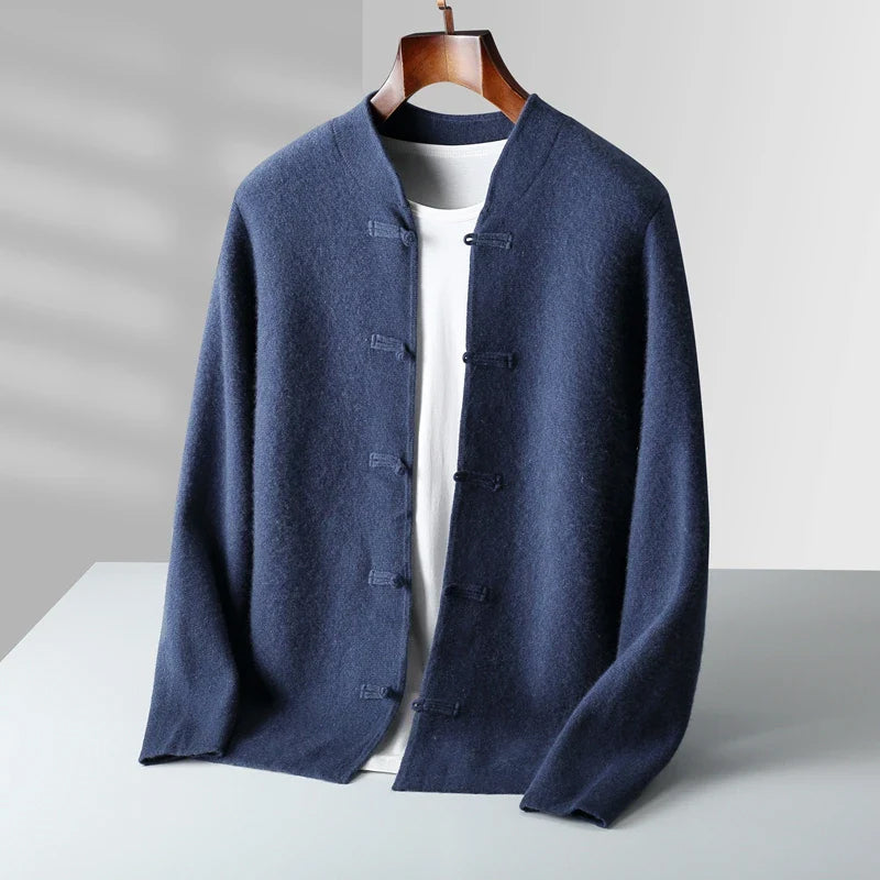 Ivory cashmere blend cardigan with mandarin collar and loop-button closure, regular fit