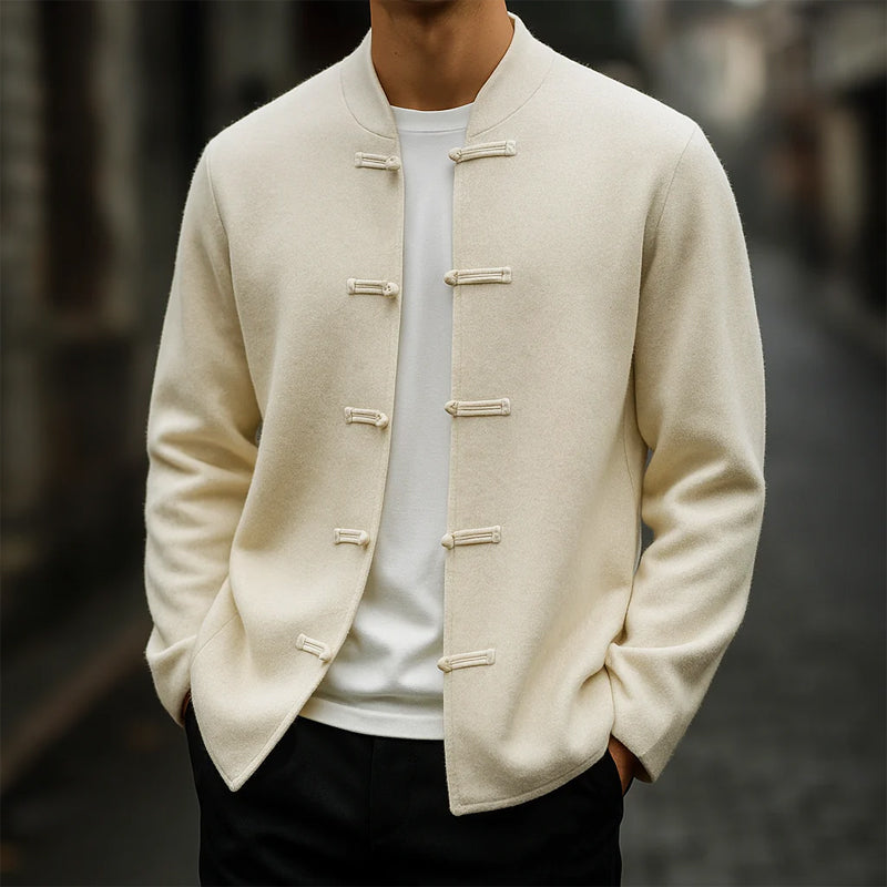 Ivory cashmere blend cardigan with mandarin collar and loop-button closure, regular fit