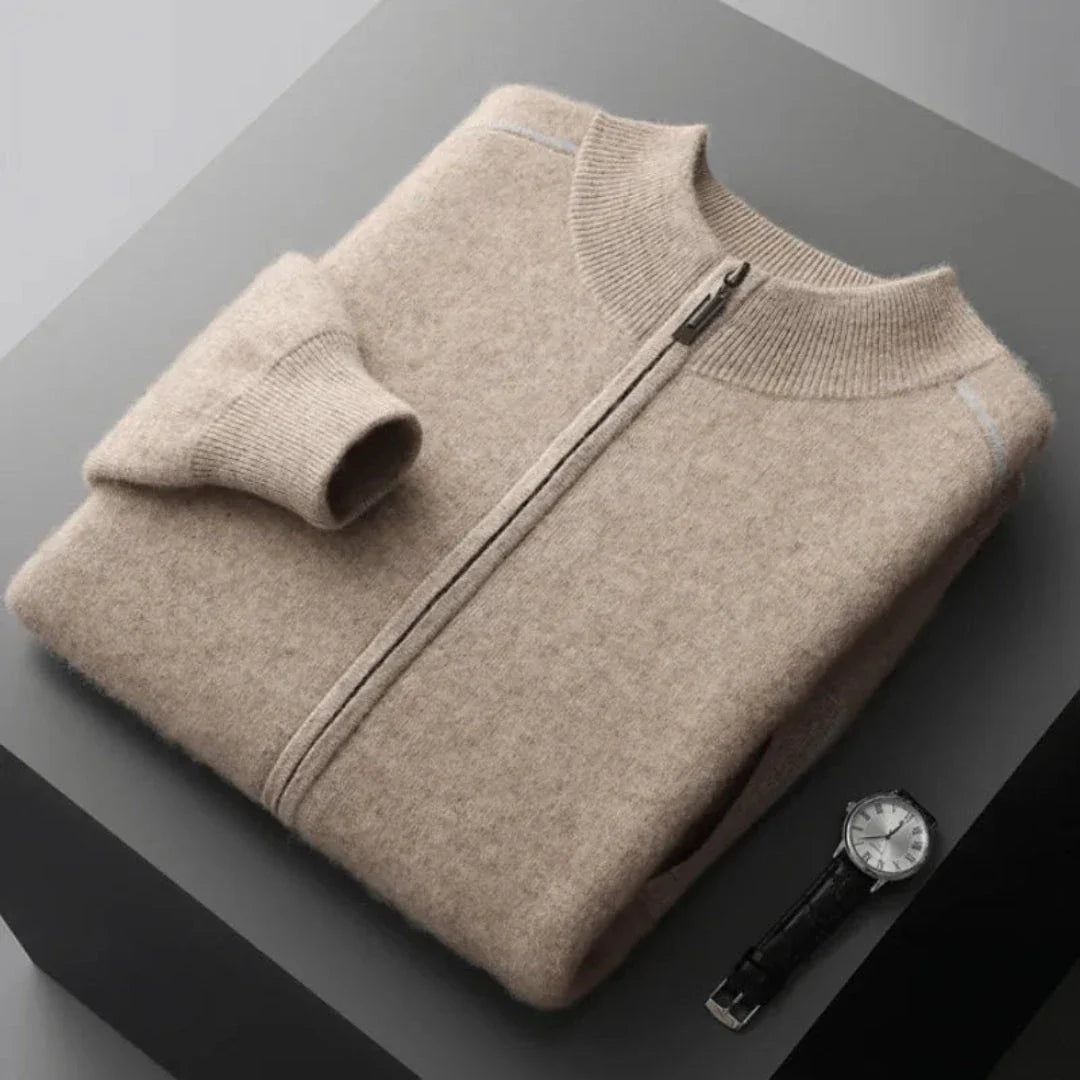 Daxton unisex cashmere-blend full-zip sweater in neutral tone, clean modern silhouette for effortless layering
