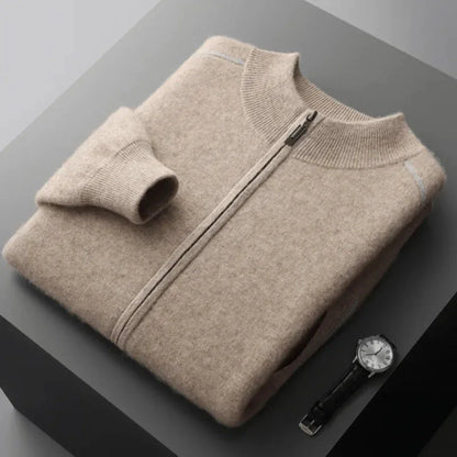Daxton unisex cashmere-blend full-zip sweater in neutral tone, clean modern silhouette for effortless layering