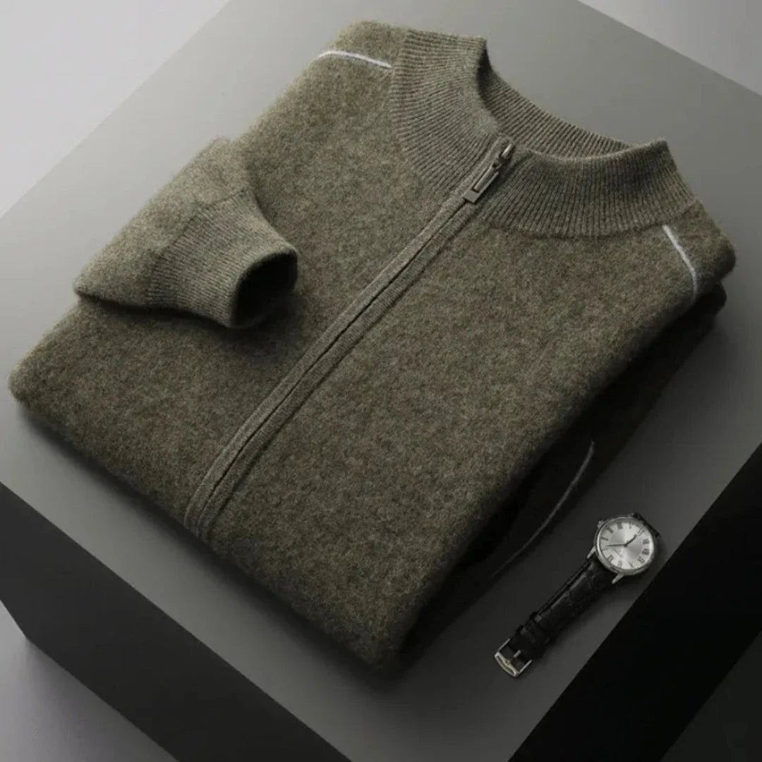 Daxton unisex cashmere-blend full-zip sweater in neutral tone, clean modern silhouette for effortless layering