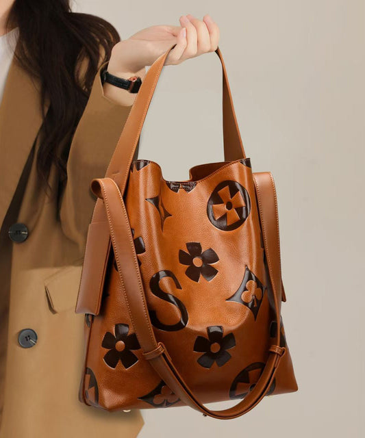 Sac seau décontracté en cuir de veau marron gaufré de grande capacité - Wavlynn