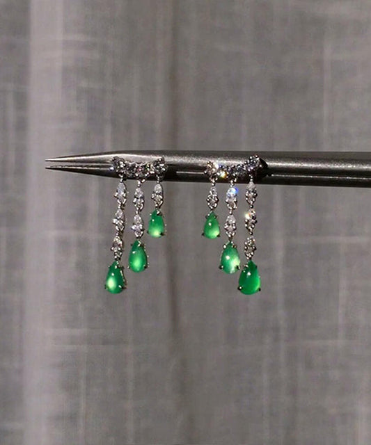 Boucles d'oreilles pendantes décontractées en argent sterling vert avec calcédoine et pampilles en forme de goutte d'eau - Wavlynn