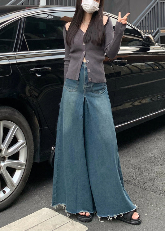 Jupes-pantalons larges décontractés en denim bleu marine à pompons pour l'automne - Wavlynn