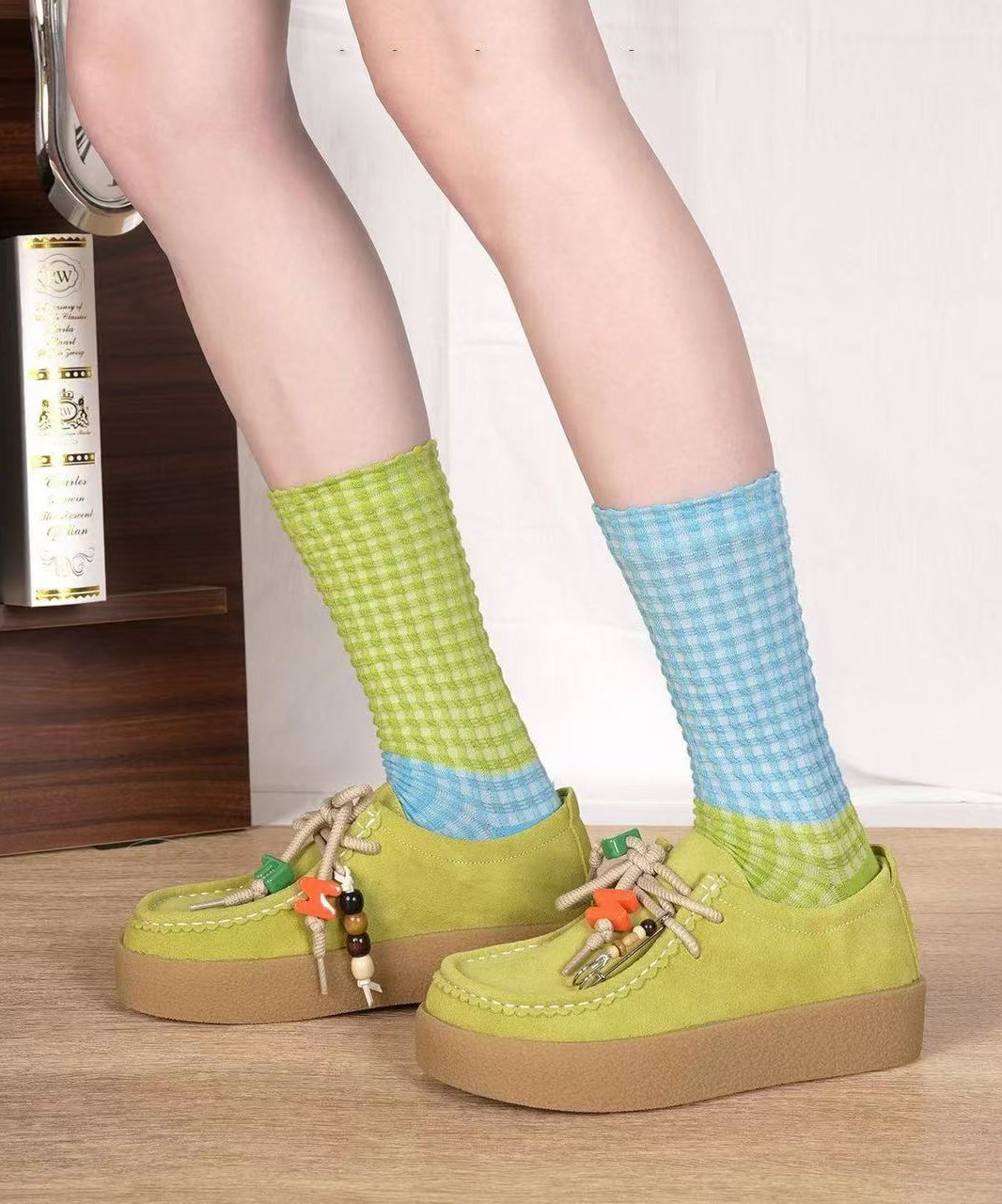 Chaussettes mi-mollet en coton à carreaux asymétriques et décontractées - Wavlynn